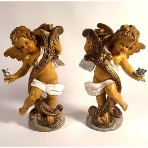 Vtg Fontanini Italy chubby Cherub Tapered Candle Holders #5042 & #5043 blue eyes